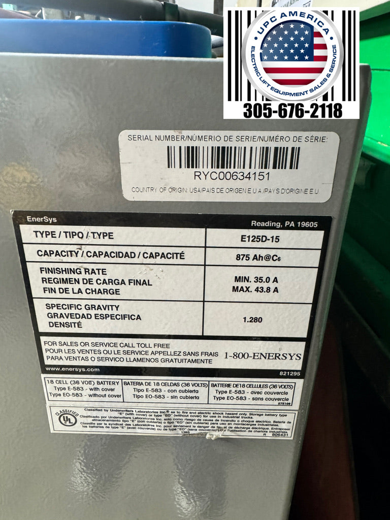 Forklift Battery For Sale Electric Forklift Battery 2024 Enersys 36 Volt 875 AH Model 18-125-15 RYC #4151