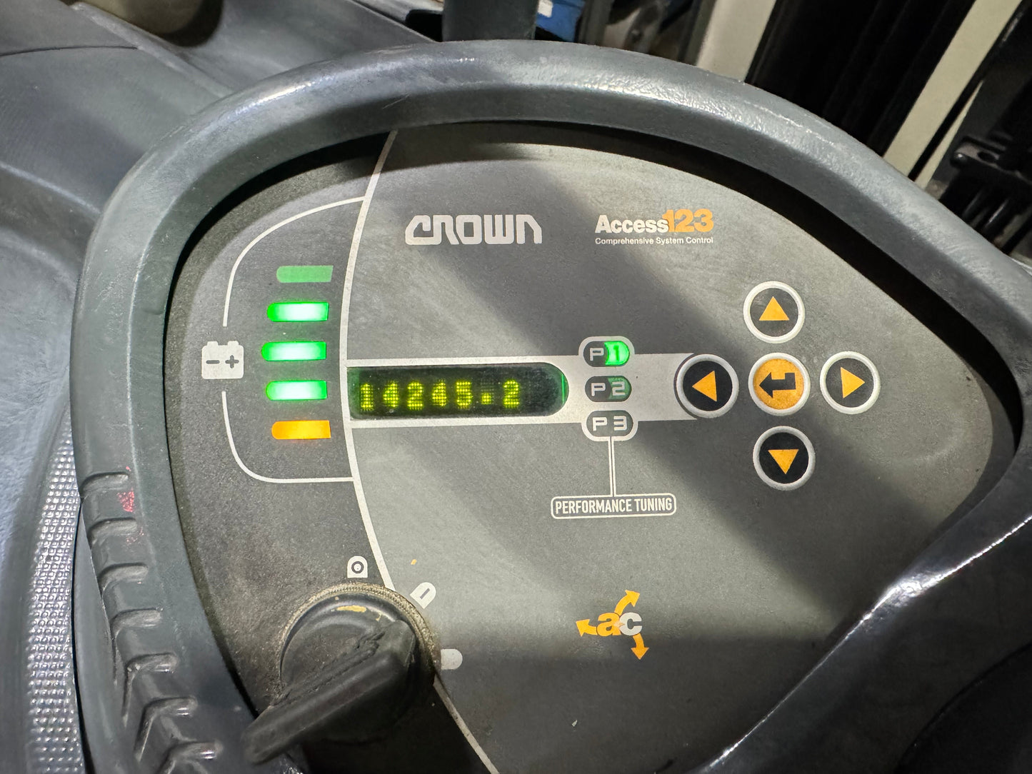 Forklift For Sale Electric Forklift 2014 Crown RC5500 Narrow Aisle 2021 Tested Battery Height  Stock # 9174
